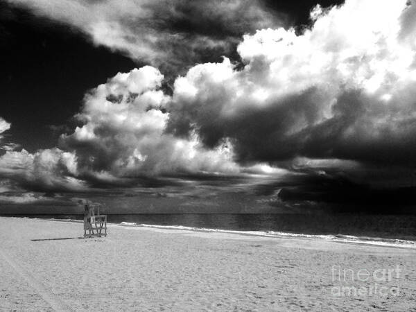 Black And White Poster featuring the photograph Lifeguard chair clouds by WaLdEmAr BoRrErO