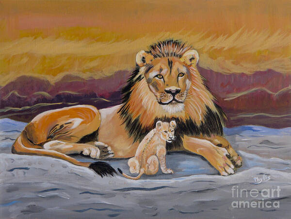 Lion And Cub On Rock Poster featuring the painting Lion and Cub by Phyllis Kaltenbach