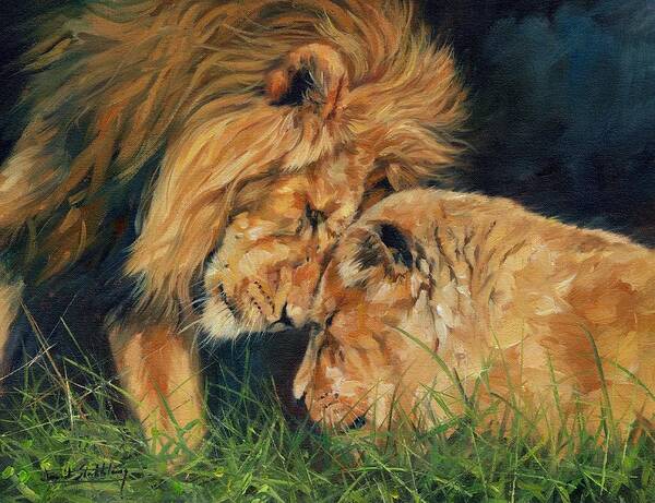 Lion Poster featuring the painting Lion Love by David Stribbling