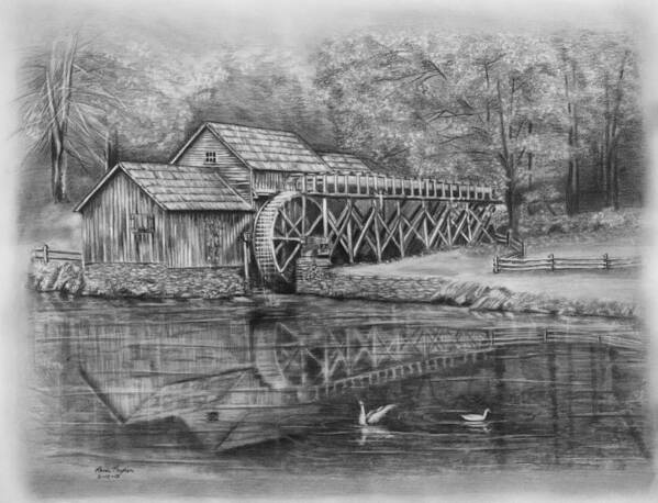 Pencil Poster featuring the drawing Mabry Mill Pencil Drawing by Lena Auxier