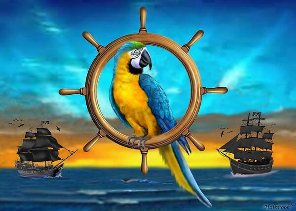 Blue And Yellow Macaw Parrot Poster featuring the digital art Macaw Pirate Parrot by Glenn Holbrook