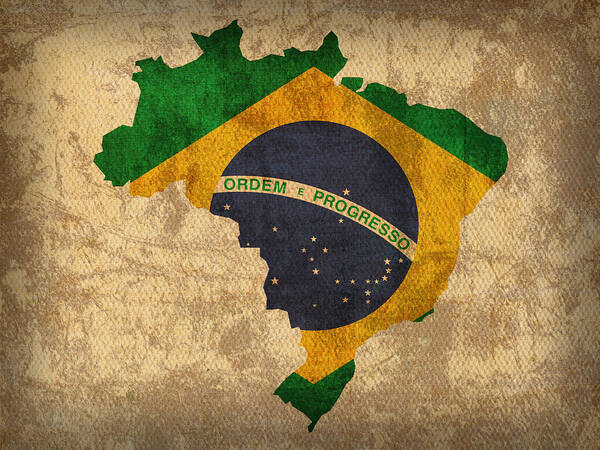 Map Of Brazil With Flag Art On Distressed Worn Canvas Poster featuring the mixed media Map of Brazil With Flag Art on Distressed Worn Canvas by Design Turnpike