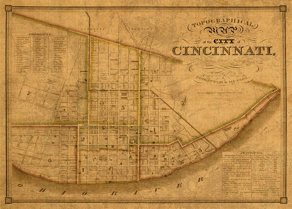Map Poster featuring the mixed media Map of Cincinnati Ohio in 1841 on Worn Distressed Canvas Parchment by Design Turnpike