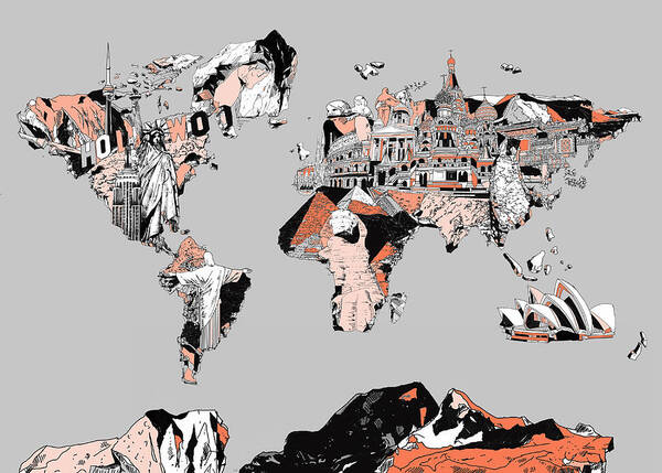 Map Of The World Poster featuring the painting Map Of The World Landmark Collage by Bekim M