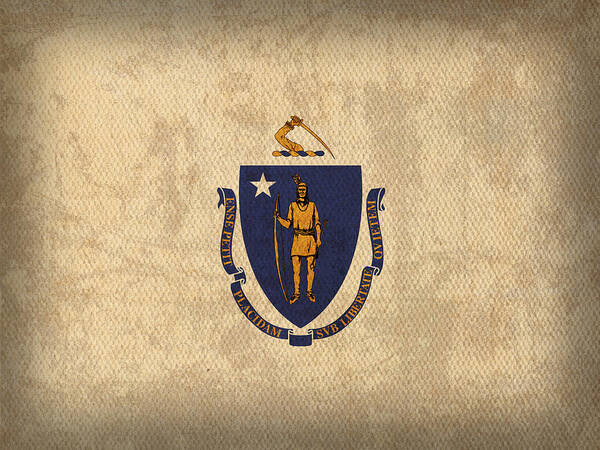 Massachusetts State Flag Art On Worn Canvas Boston Poster featuring the mixed media Massachusetts State Flag Art on Worn Canvas by Design Turnpike