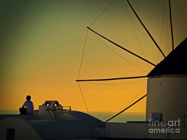 Santorini Poster featuring the photograph Meditation on the roof by Binka Kirova