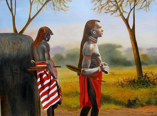 Maasai Poster featuring the painting Men of the Maasai by Wycliffe Ndwiga