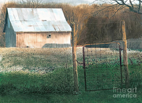 A Small Barn On A Small Farm In Missouri Glows In The Lowering Evening Sun Of Another Quiet Day In The Country. Poster featuring the painting Milking Time by Monte Toon