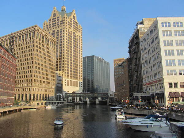 Milwaukee Poster featuring the photograph Milwaukee River Theater District 2 by Anita Burgermeister