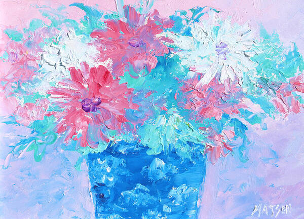 Chrysanthemums Painting Poster featuring the painting Mixed Chrysanthemums in blue vase by Jan Matson