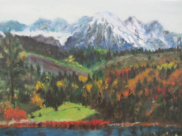 Landscape Of Snow Caped Mountains In The Fall With A River. Poster featuring the painting Montana Mountains in the Fall by Lucille Valentino