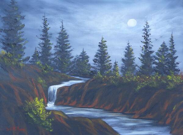Night Paintings Poster featuring the painting Moonlit Falls by Bob Williams