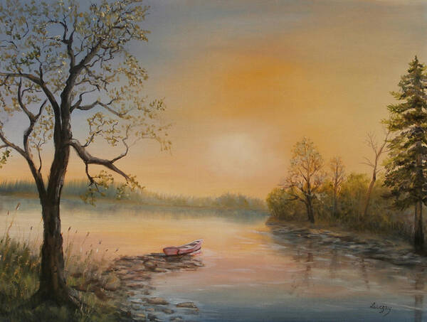 Luczay Poster featuring the painting Moored at Sunset by Katalin Luczay