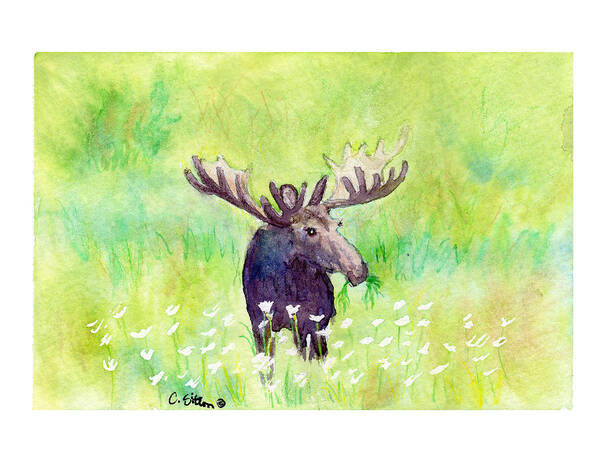 C Sitton Painting Paintings Poster featuring the painting Moose in Flowers by C Sitton