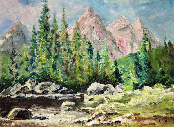 Mountain Scene Oil Painting Poster featuring the painting Mountain Scene by Lucille Valentino