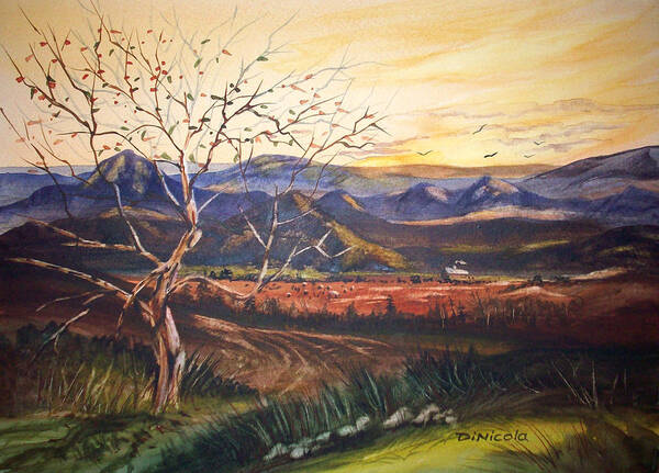 Mountain Sun Trees Landscape Watercolor Birds Poster featuring the painting Mountain Sun by Anthony DiNicola