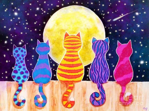 Colorful Cat Art Poster featuring the painting Much More Midnight Meowing by Nick Gustafson