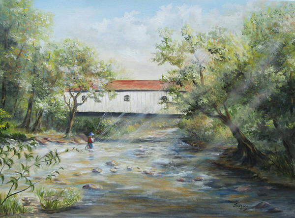 Covered Bridge Poster featuring the painting New Jersey's Last Covered Bridge by Katalin Luczay