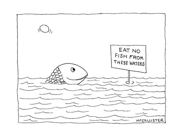 (a Happy Fish Pokes His Head Above The Water-line To Read A Sign That Says )
Animals Poster featuring the drawing New Yorker April 26th, 1993 by Richard McCallister