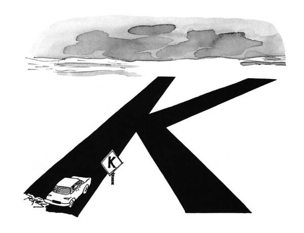 (car Comes To A Road Sign That Has Its Intersection Symbol Shaped Like A 'k' Poster featuring the drawing New Yorker August 9th, 1993 by Peter Porges