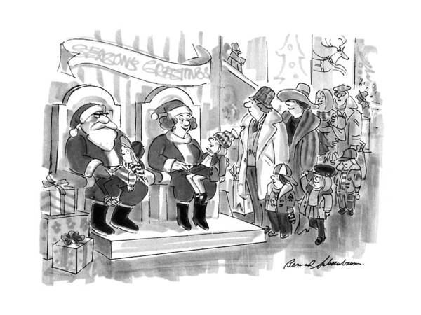 No Caption
Dept. Store Santa Looks On Grumpily As Mrs. Claus Listens To A Little Girl's X-mas List. 
No Caption
Dept. Store Santa Looks On Grumpily As Mrs. Claus Listens To A Little Girl's X-mas List. 
Women Poster featuring the drawing New Yorker December 9th, 1991 by Bernard Schoenbaum
