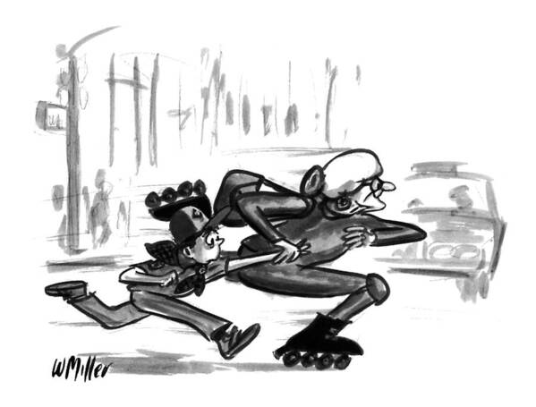 (a Boy Scout Trying To Help An Old Lady Across The Street Is Being Dragged Along By A Rollerblading Grandmother.)
Age Poster featuring the drawing New Yorker July 18th, 1994 by Warren Miller