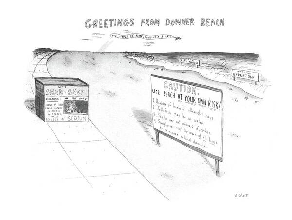 85481 Rch Roz Chast (scene With A Big Sign With Such Warnings As Poster featuring the drawing New Yorker July 8th, 1985 by Roz Chast