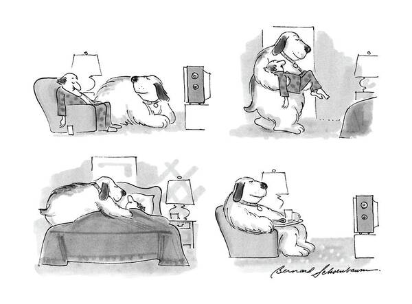
Dog Puts Man To Bed: Series Of (4). A Man Is Asleep In His Armchair Poster featuring the drawing New Yorker March 7th, 1988 by Bernard Schoenbaum