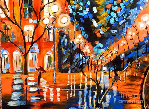 Landscape Canvas Print Poster featuring the painting Night Village Rain by Jayne Kerr
