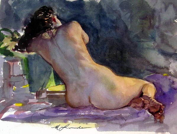 Nude Back View Watercolor Poster featuring the painting Nude Female Back by Mark Lunde