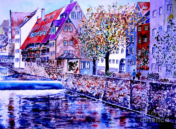 Watercolor Poster featuring the painting Nuernberg walkby the riverside by Almo M