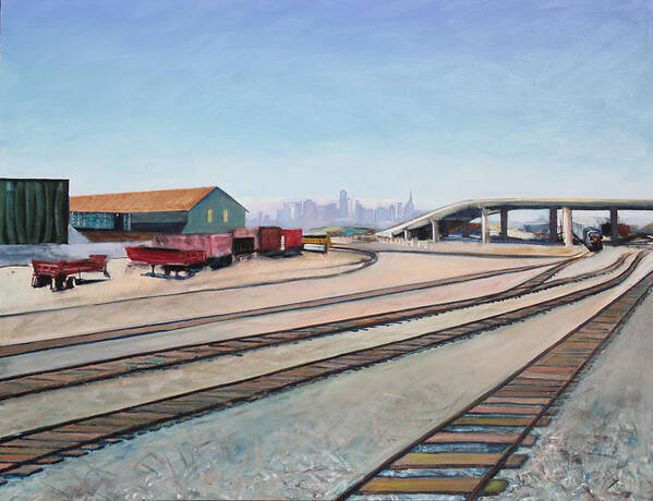 Urban Painting Poster featuring the painting Oakland Train Tracks and San Francisco Skyline by Asha Carolyn Young