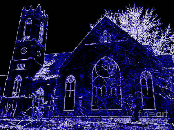  Poster featuring the photograph Old Church in Blue Neon by Kelly Awad