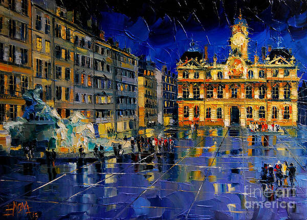 One Evening In Terreaux Square Lyon Poster featuring the painting One Evening In Terreaux Square Lyon by Mona Edulesco