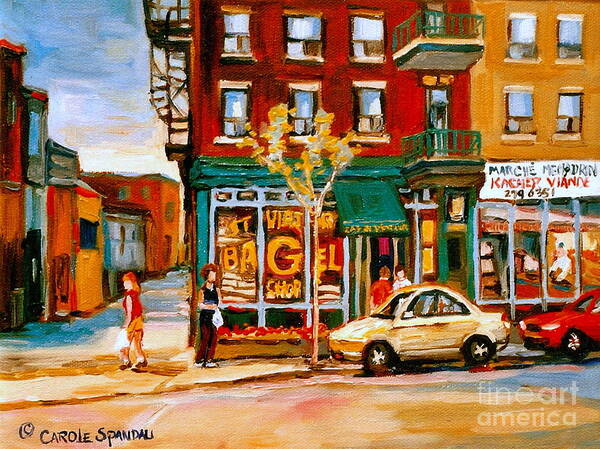 Montreal Poster featuring the painting Paintings Of Famous Montreal Places St. Viateur Bagel City Scene by Carole Spandau