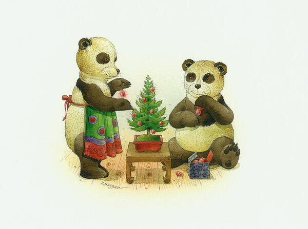 Christmas Greetin Card Pandas Winter Christmas Tree Poster featuring the painting Pandabears Cristmas 02 by Kestutis Kasparavicius