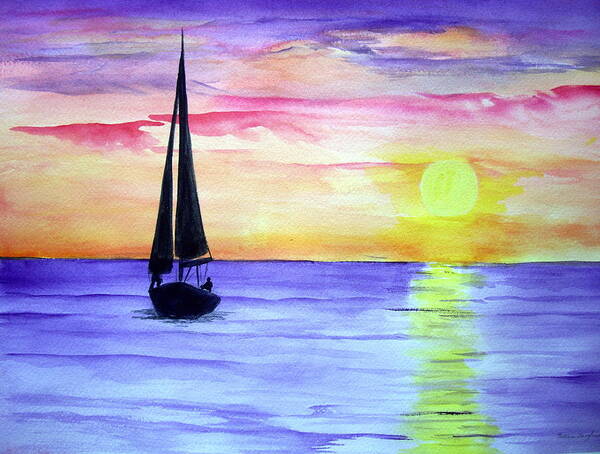 Silhouette Boat At Sunset Poster featuring the painting Peace by Ellen Canfield