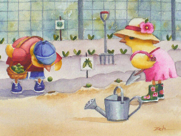 Baby Animals Gardening Poster featuring the painting Planting Peas by Janet Zeh