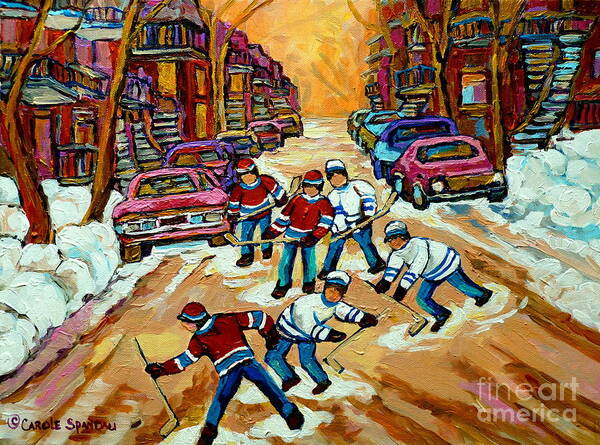 Montreal Poster featuring the painting Pointe St.charles Hockey Game Winter Street Scenes Paintings by Carole Spandau