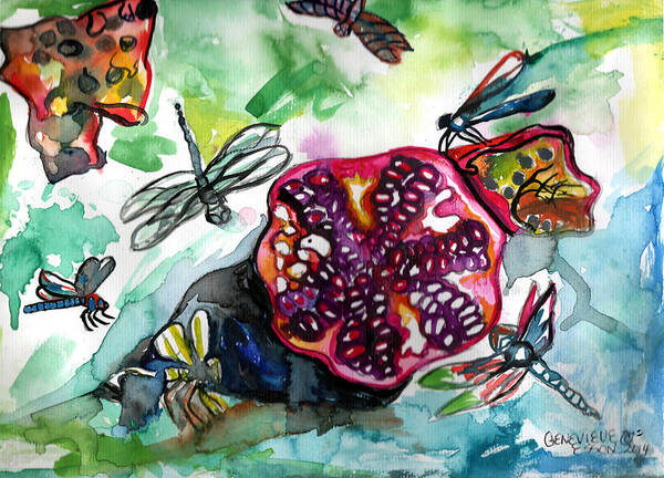 Pomegranate Poster featuring the painting Pomegranate and Dragonflies by Genevieve Esson