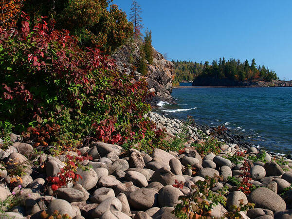 Nature Camping Camp Water Lake Superior Great Lakes James Peterson Split Rock Lighthouse State Park Parks Landscape Landscapes Seascape Seascapes Smooth Rocks Rocky Boulder Boulders Photography Weather Scenic Camping Fall Autumn Minnesota Mn North Shore Vista Serene Serenity Tranquil Vacation Destination Destinations Blue Skies Sky Morning Shoreline Stone Dramatic Beautiful Red Color Colors View Natural Season Stones Remote Outdoors Vivid Vibrant Crags America American Water Waters Pristine Poster featuring the photograph Pristine Shoreline by Melissa Peterson