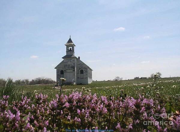 Dandelion Church Poster featuring the painting Purple Wildflower Field Church by PainterArtist FIN