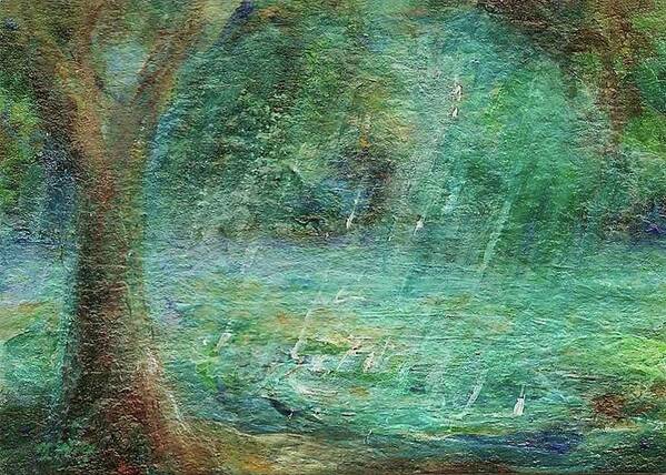 Landscape Painting Poster featuring the painting Rain on the Pond by Mary Wolf