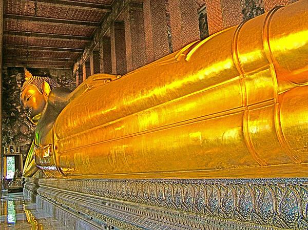Reclining Buddha In Wat Po In Bangkok Poster featuring the photograph Reclining Buddha in Wat Po in Bangkok-Thailand by Ruth Hager