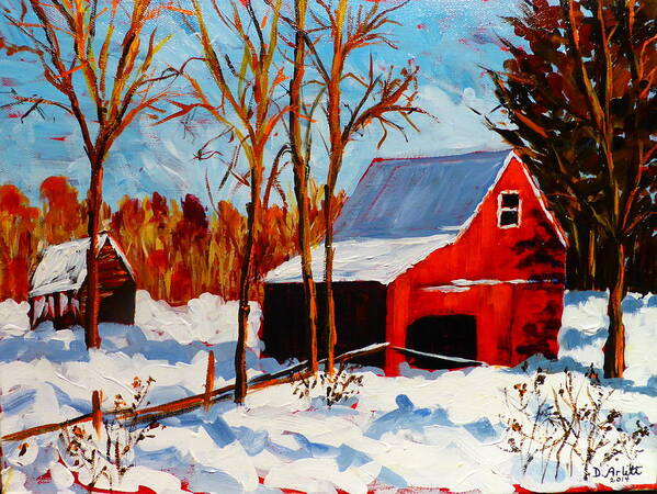 Red Poster featuring the painting Red Barn First Snow by Diane Arlitt