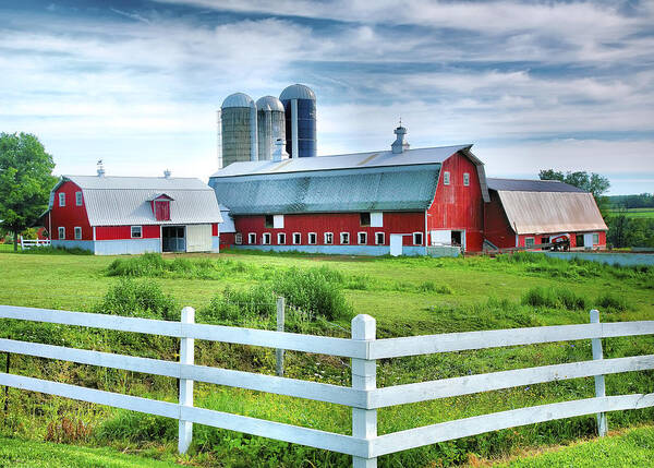 Barn Poster featuring the photograph Red Barns and White Fence by Steven Ainsworth