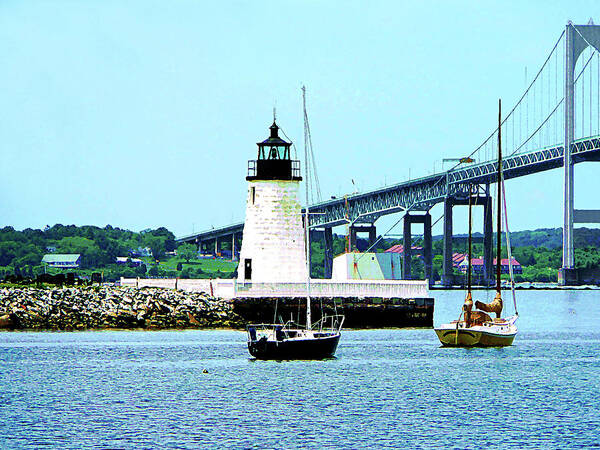 Boat Poster featuring the photograph Rhode Island - Lighthouse Bridge and Boats Newport RI by Susan Savad