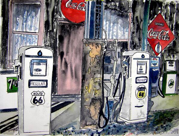 Watercolor Poster featuring the painting Route 66 gas station by Derek Mccrea