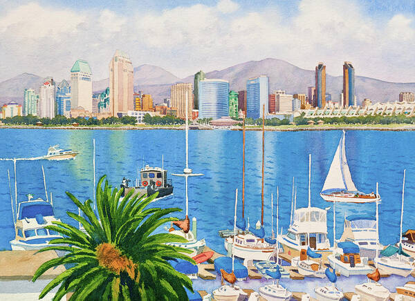 San Diego Poster featuring the painting San Diego Skyline by Mary Helmreich