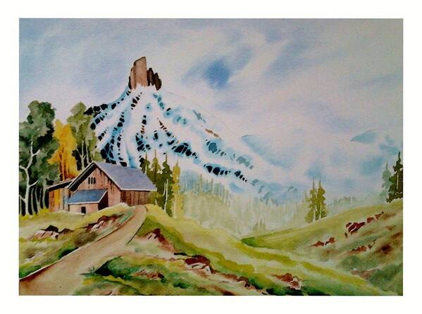 Landscape House Watercolor Mountain-scape Mountain Trees Pines Sky Nature Tree  Poster featuring the painting Sky High by Arnab De